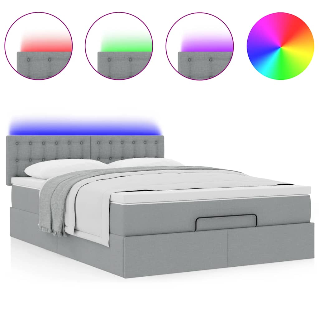 Ottomane Bett mit Matratze & LEDs Hellgrau 140x190 cm Stoff