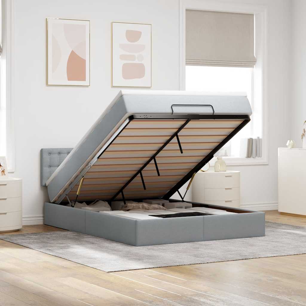Ottomane Bett mit Matratze & LEDs Hellgrau 140x190 cm Stoff