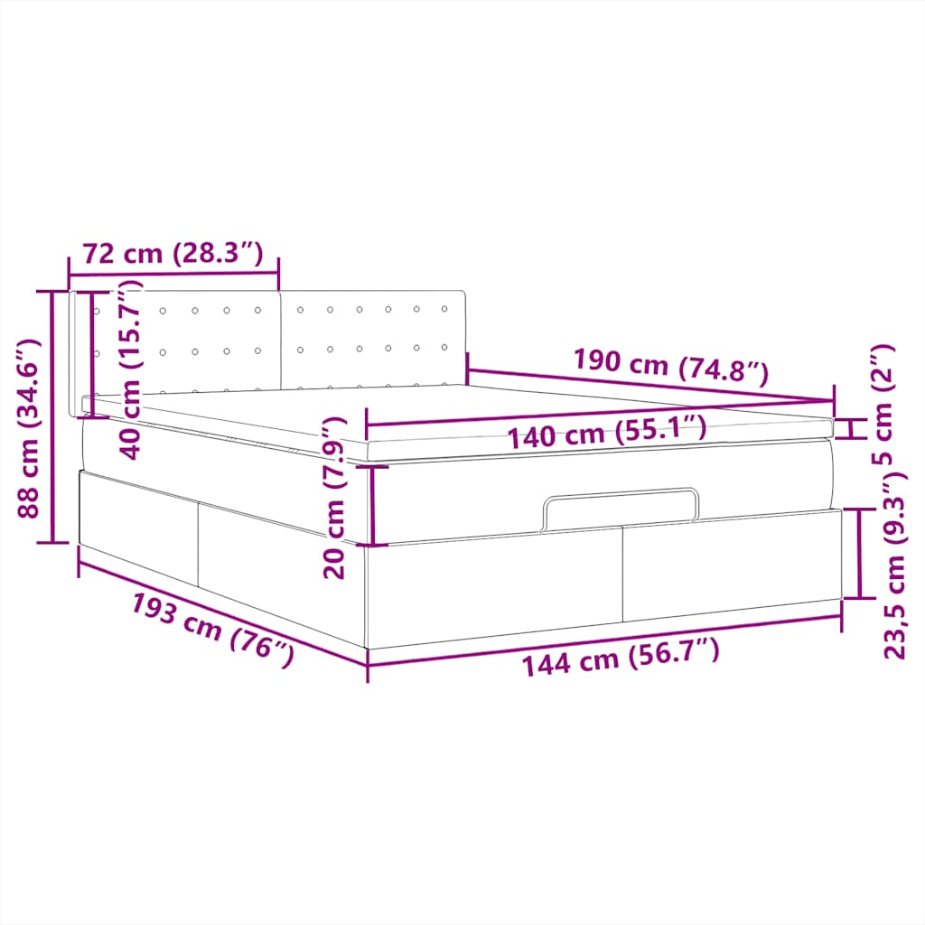Ottomane Bett mit Matratze & LEDs Dunkelgrau 140x190 cm Stoff