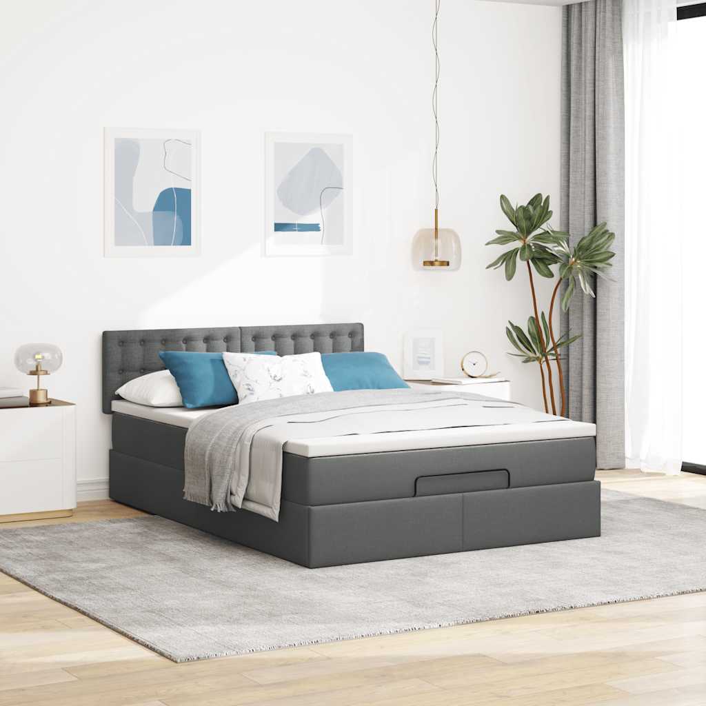 Ottomane Bett mit Matratze & LEDs Dunkelgrau 140x190 cm Stoff