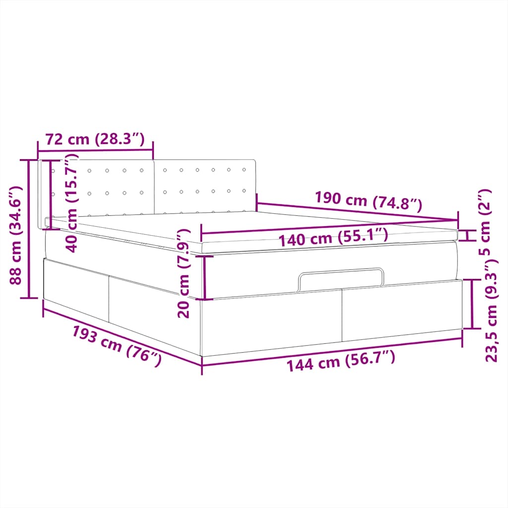 Ottomane Bett mit Matratze & LEDs Schwarz 140x190 cm Stoff