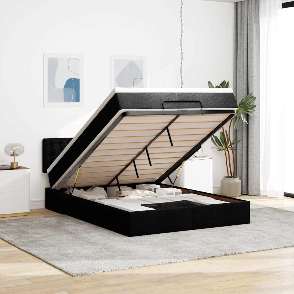 Ottomane Bett mit Matratze & LEDs Schwarz 140x190 cm Stoff