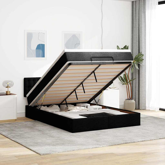 Ottomane Bett mit Matratze & LEDs Schwarz 140x190 cm Stoff