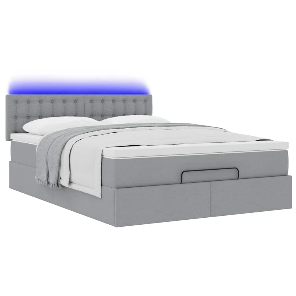 Ottoman-Bett mit Matratze & LEDs Hellgrau 140x200 cm Stoff