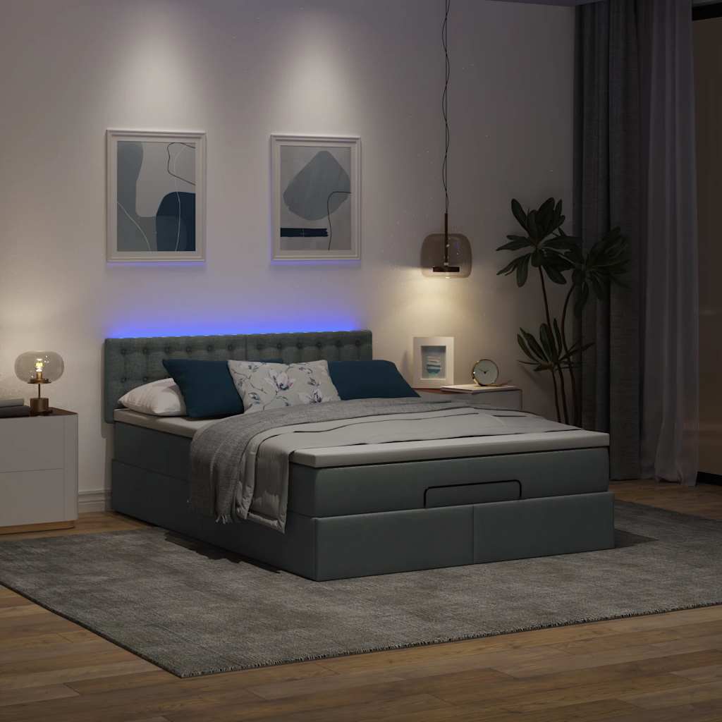 Ottomane Bett mit Matratze & LEDs Dunkelgrau 140x200 cm Stoff