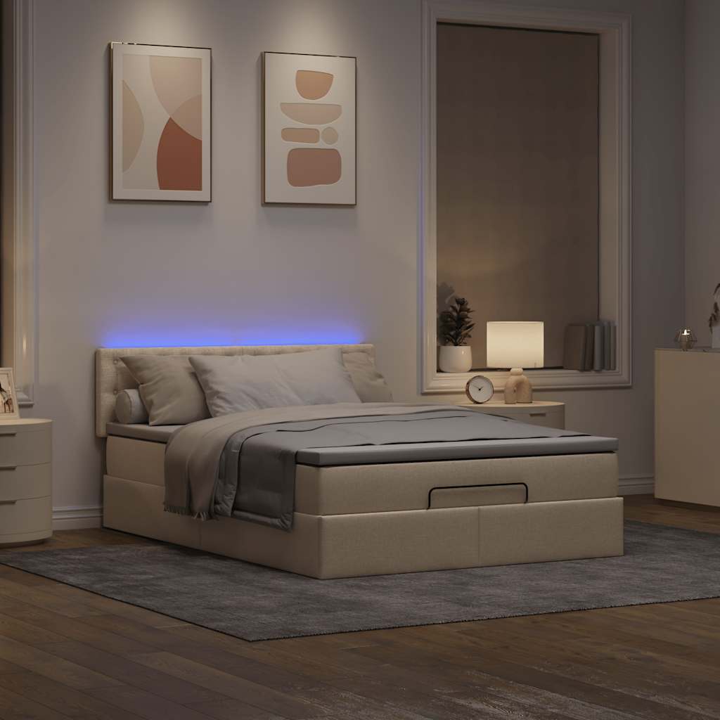 Ottomane Bett mit Matratze & LEDs Creme 140x200 cm Stoff