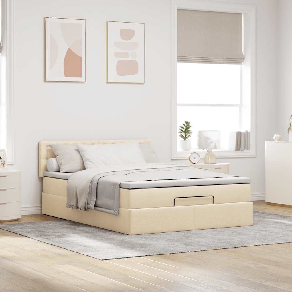 Ottomane Bett mit Matratze & LEDs Creme 140x200 cm Stoff