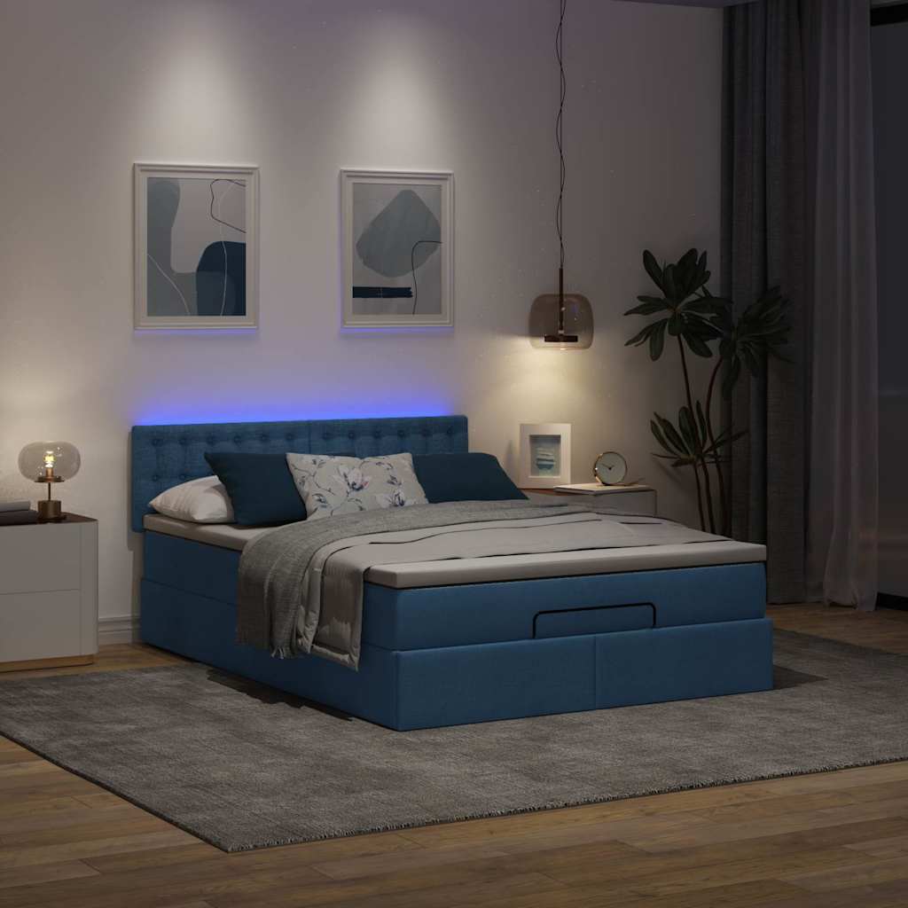 Ottoman-Bett mit Matratze & LEDs Blau 140x200 cm Stoff