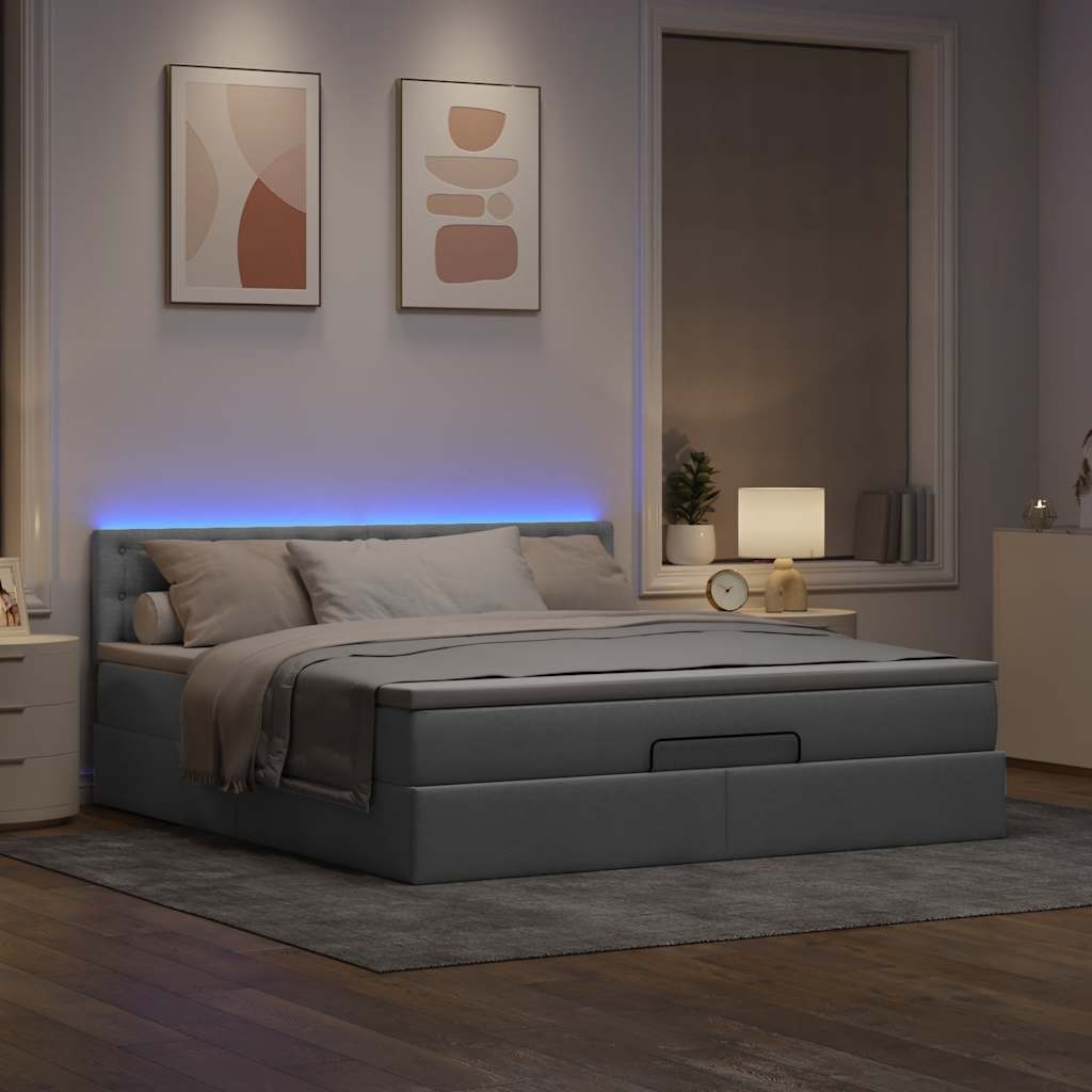 Ottomane Bett mit Matratze & LEDs Hellgrau 180x200 cm Stoff
