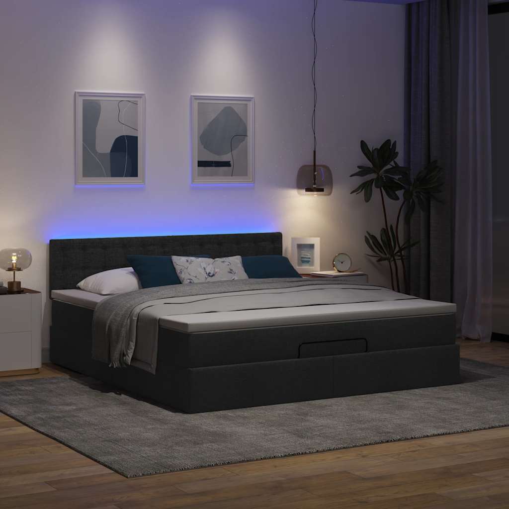 Ottomane Bett mit Matratze & LEDs Schwarz 180x200 cm Stoff