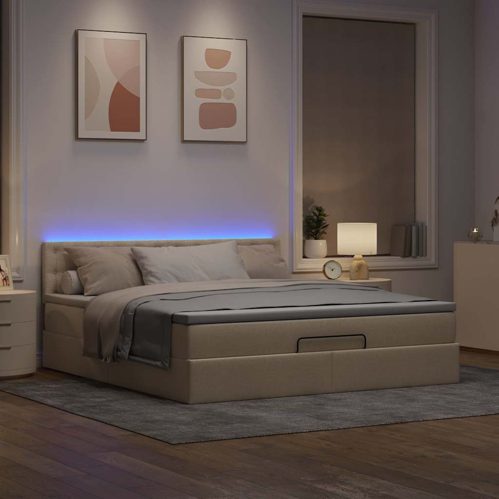 Ottomane Bett mit Matratze & LEDs Creme 180x200 cm Stoff