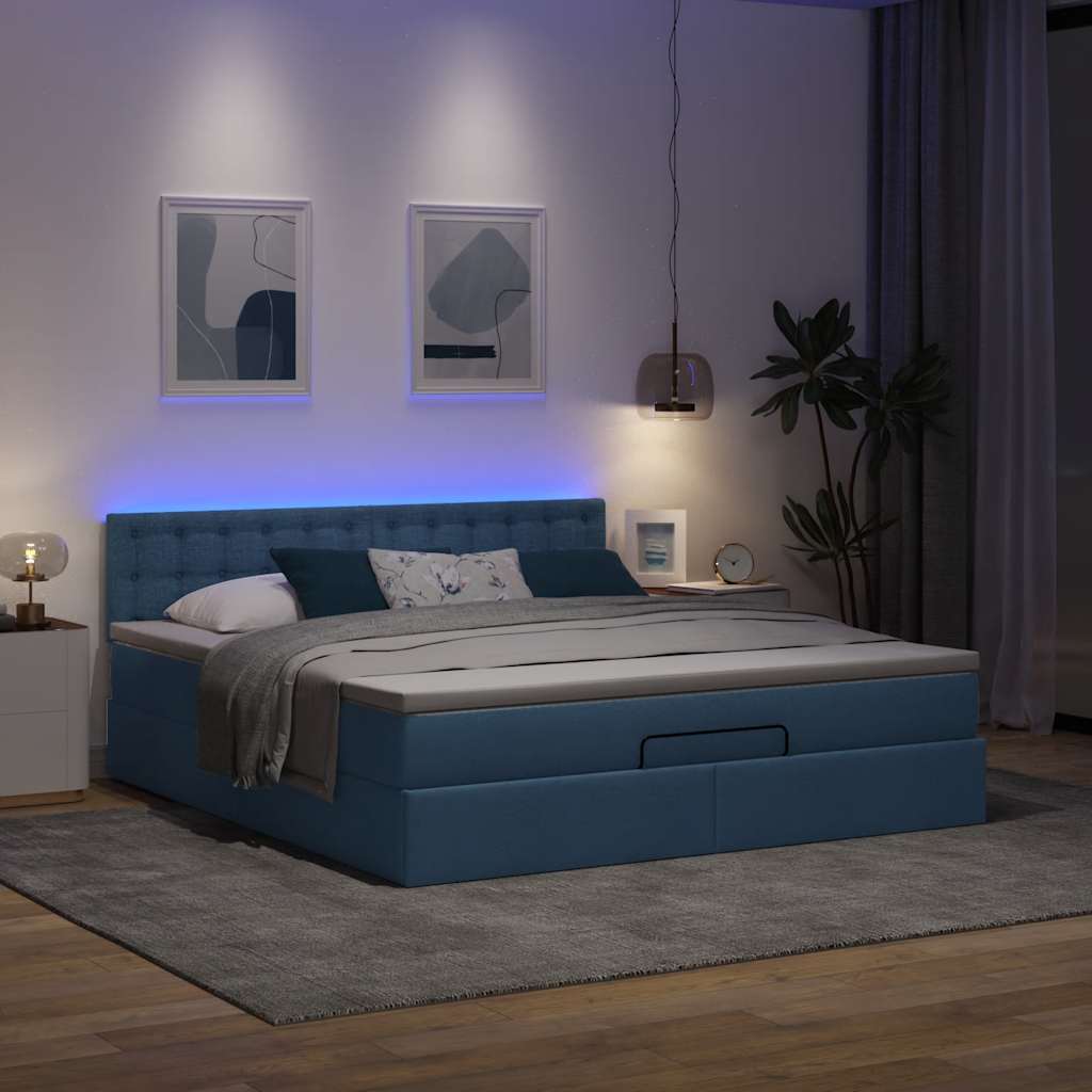 Ottomane Bett mit Matratze & LEDs Blau 180x200 cm Stoff