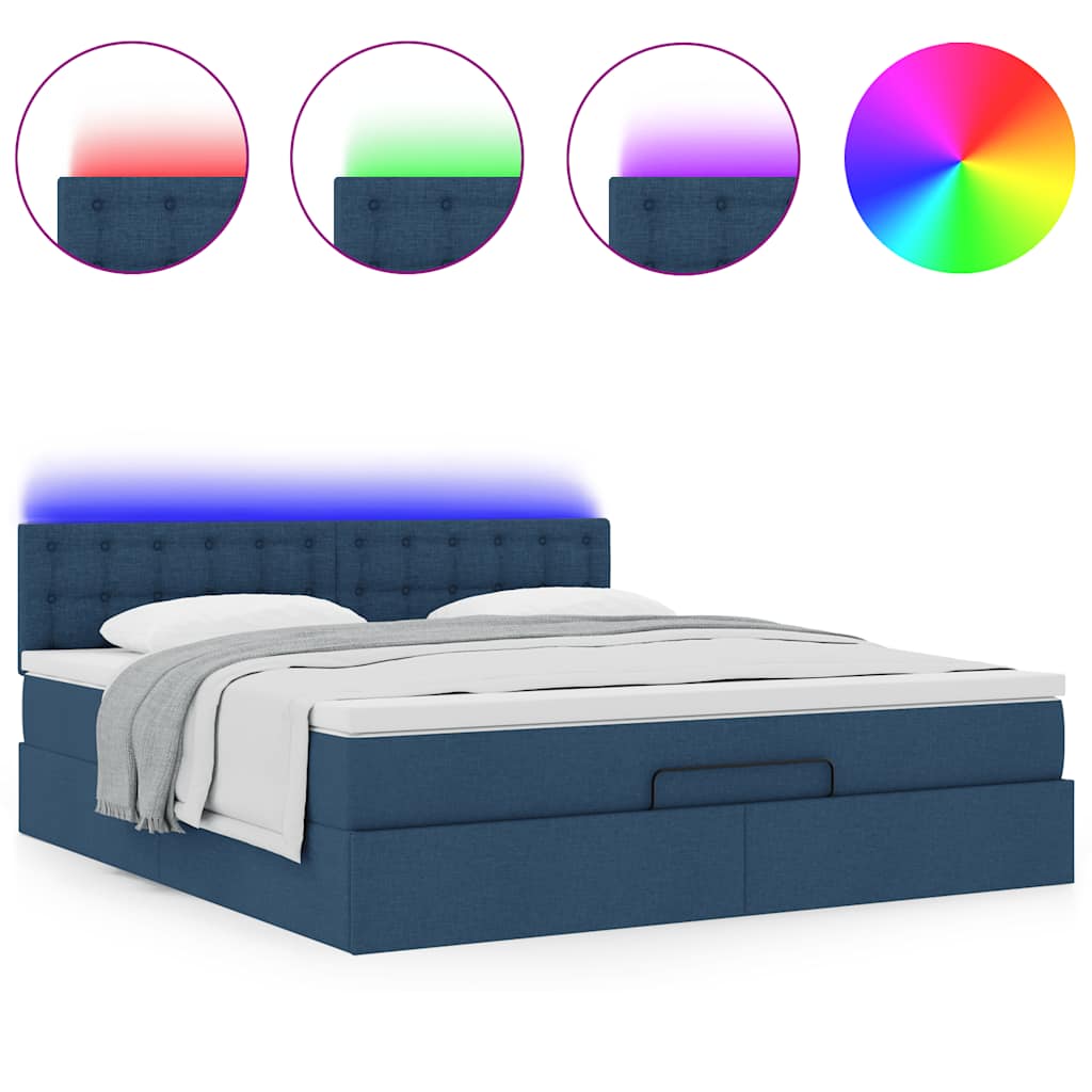 Ottomane Bett mit Matratze & LEDs Blau 180x200 cm Stoff