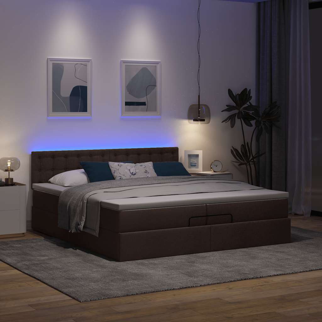 Ottoman-Bett mit Matratzen & LEDs Dunkelbraun 200x200 cm Stoff