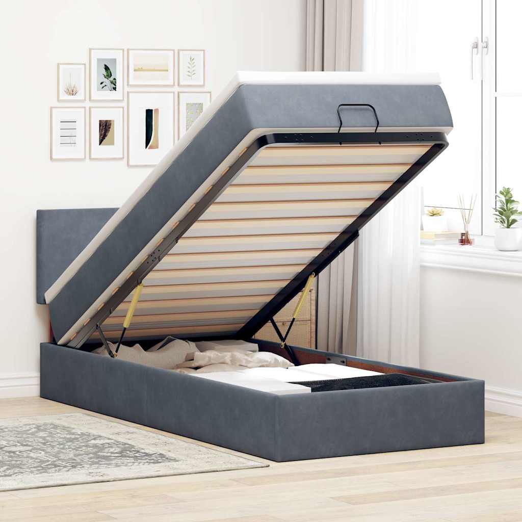 Ottoman-Bett mit Matratze & LEDs Dunkelgrau 90x190 cm Samt