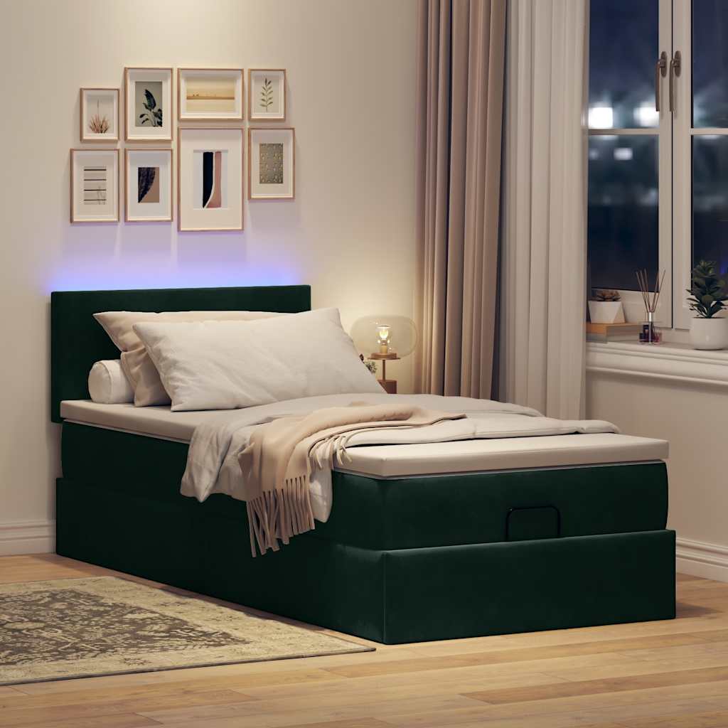 Ottoman-Bett mit Matratze & LEDs Dunkelgrün 90x190 cm Samt