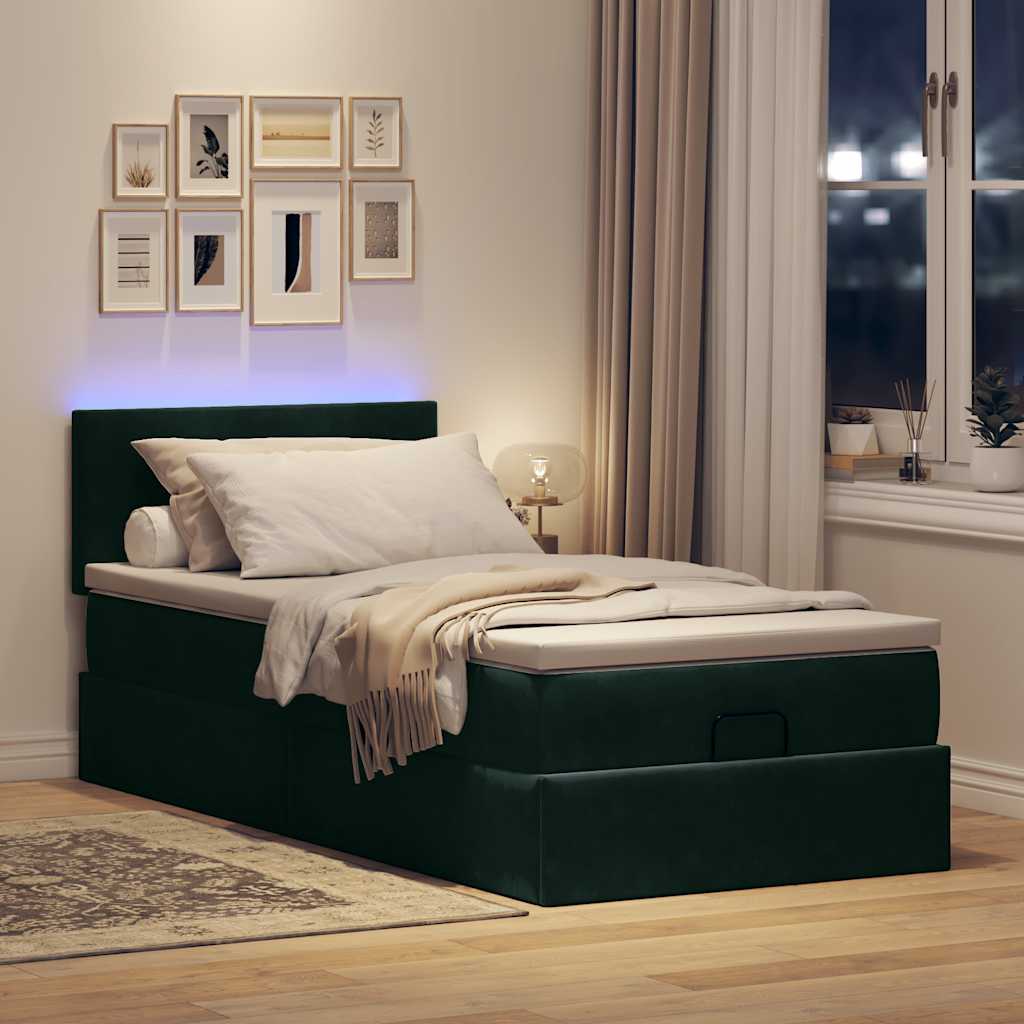 Ottoman-Bett mit Matratze & LEDs Dunkelgrün 90x190 cm Samt