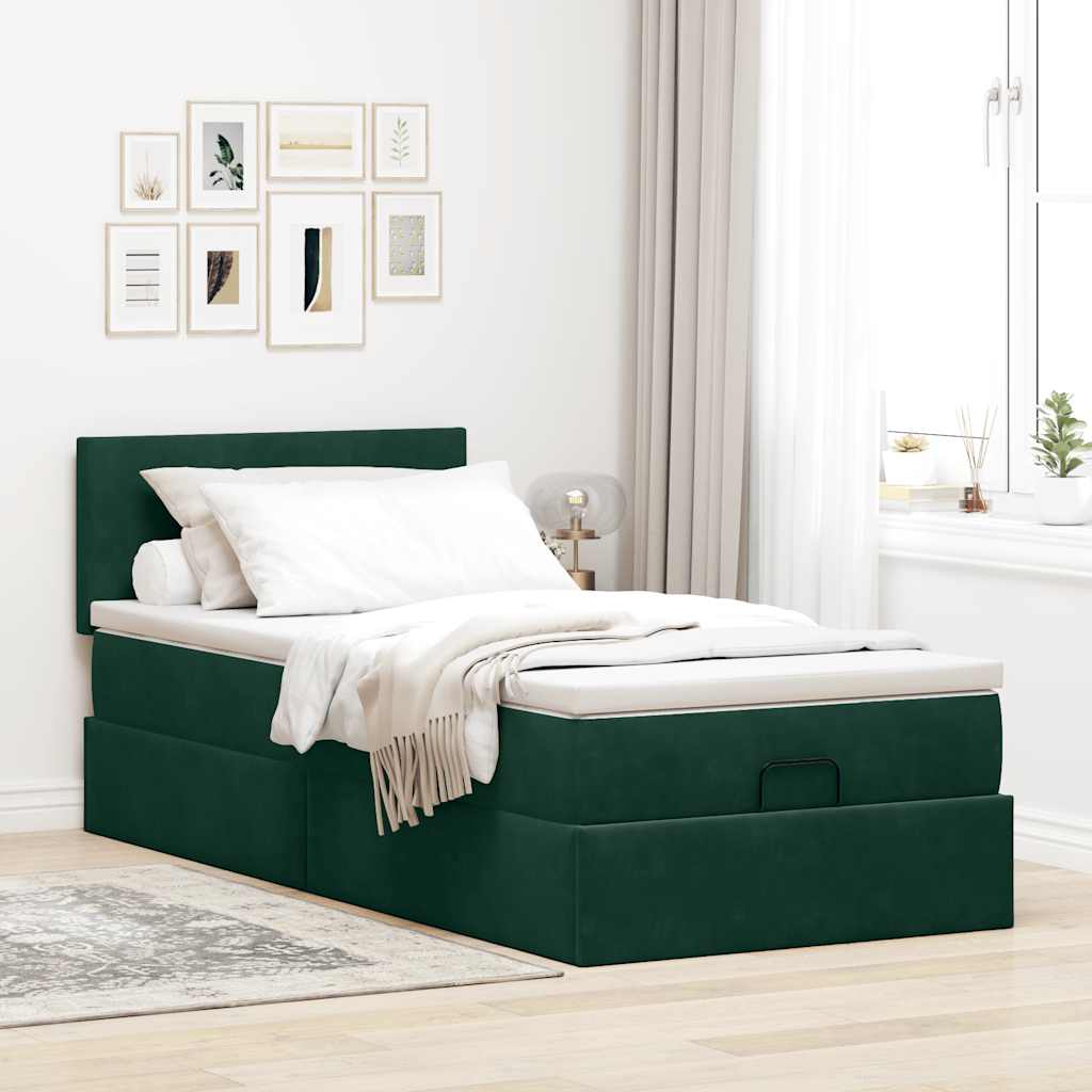Ottoman-Bett mit Matratze & LEDs Dunkelgrün 90x190 cm Samt