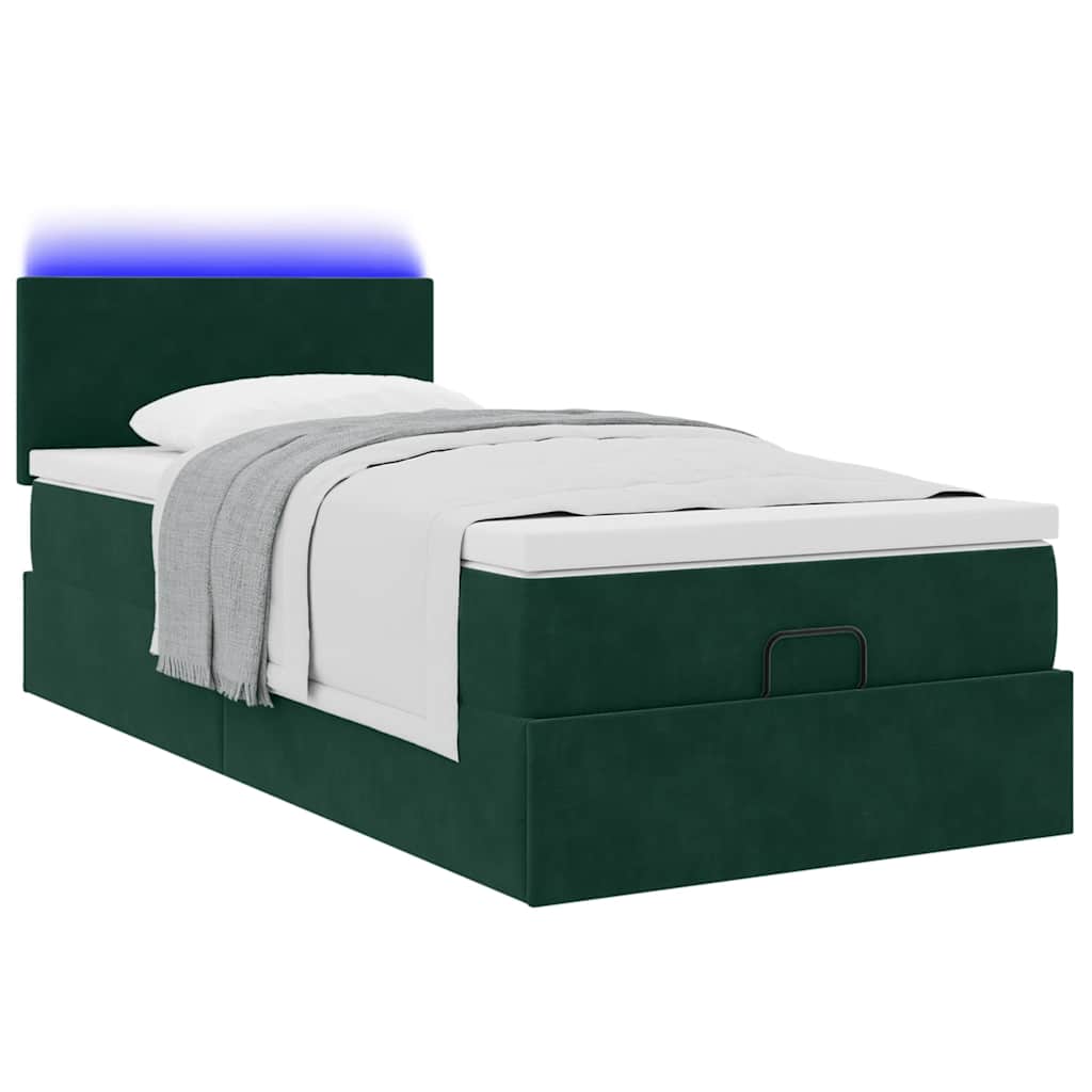 Ottoman-Bett mit Matratze & LEDs Dunkelgrün 90x190 cm Samt