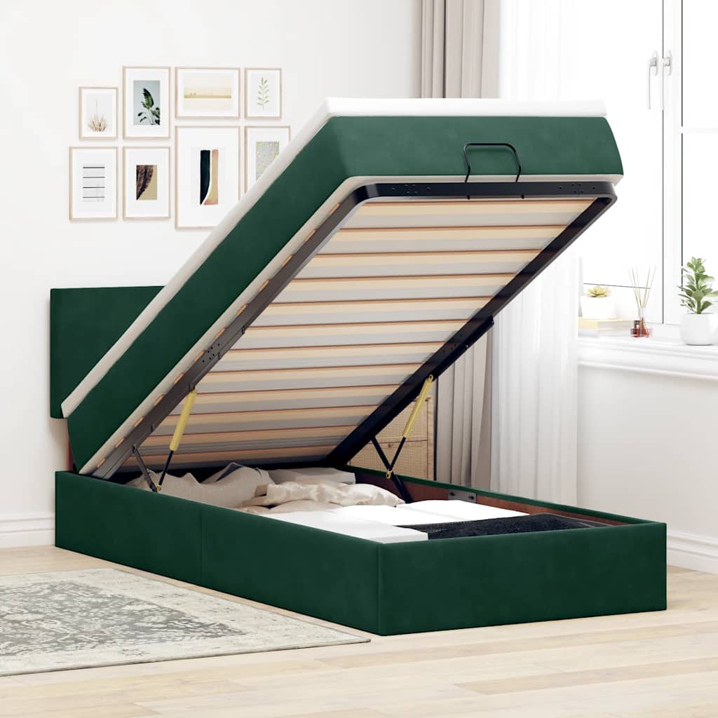 Ottoman-Bett mit Matratze & LEDs Dunkelgrün 90x190 cm Samt
