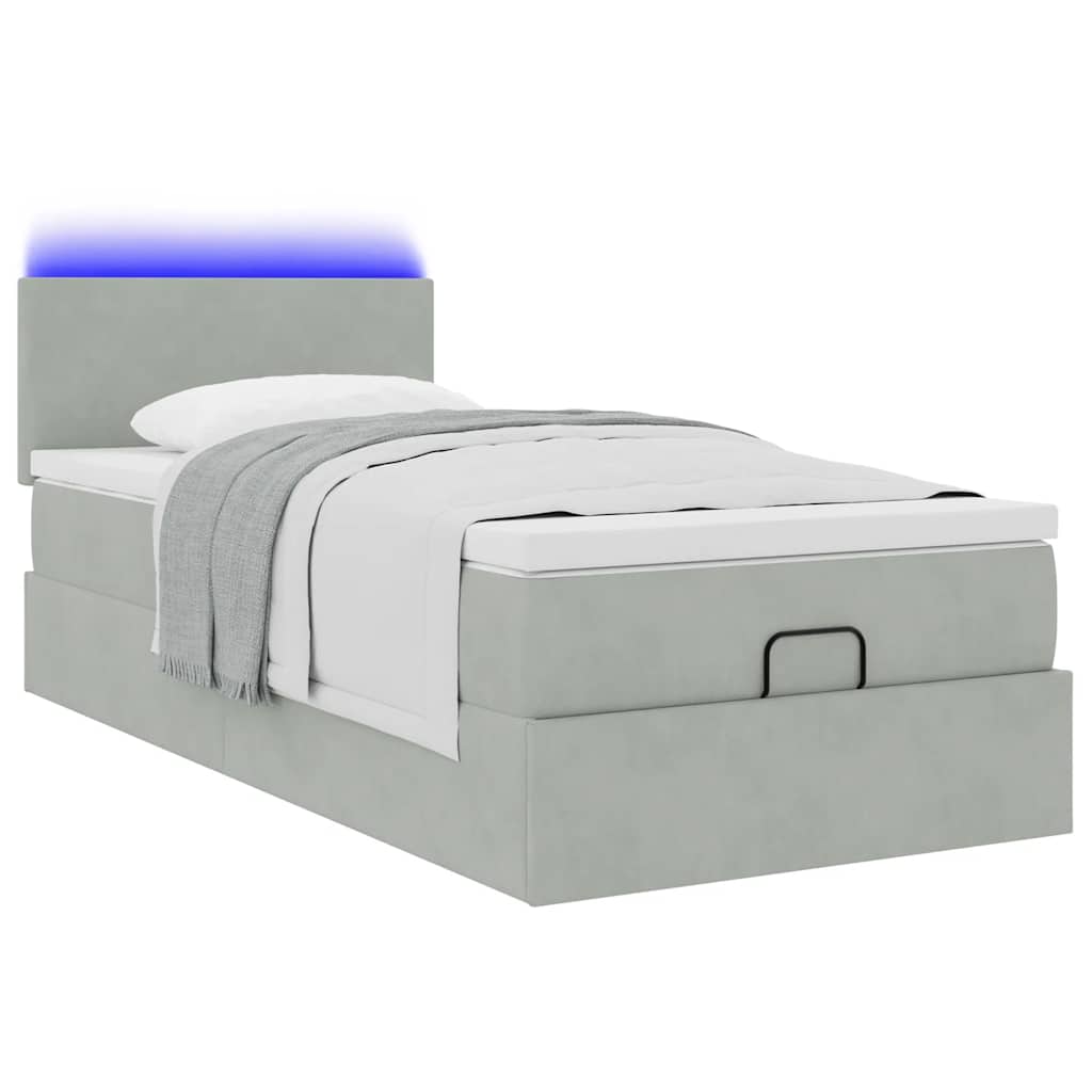 Lit ottoman avec matelas et LED gris clair 90x200 cm velours