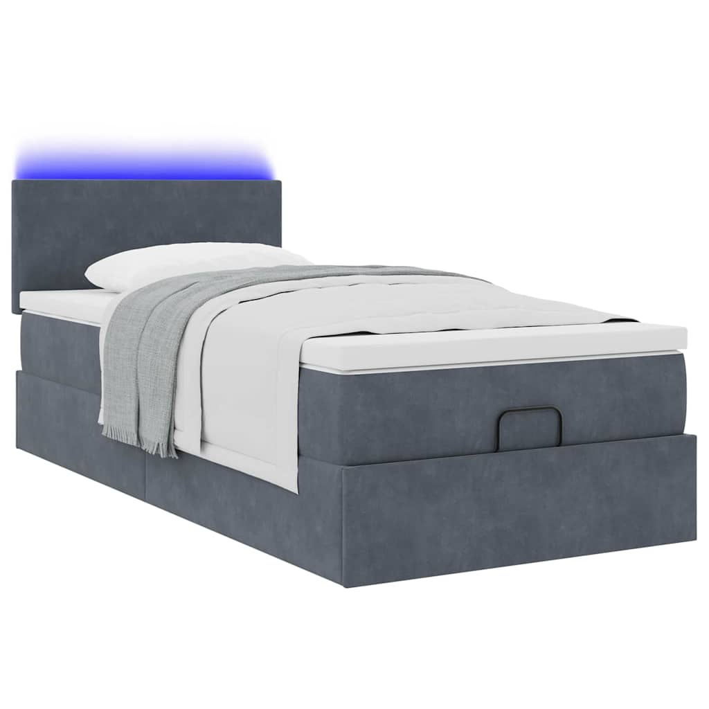Lit ottoman avec matelas et LED gris foncé 90x200 cm velours