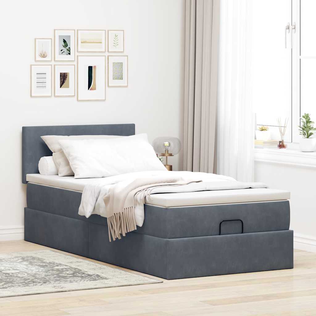 Lit ottoman avec matelas et LED gris foncé 90x200 cm velours