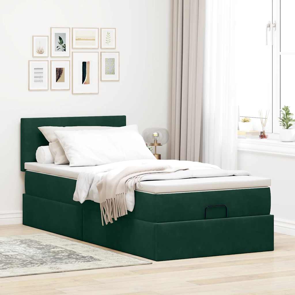 Ottomane Bett mit Matratze & LEDs Dunkelgrün 90x200 cm Samt