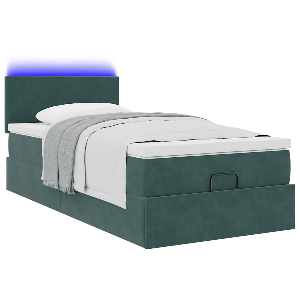 Lit ottoman avec matelas et LED vert foncé 90x200 cm velours