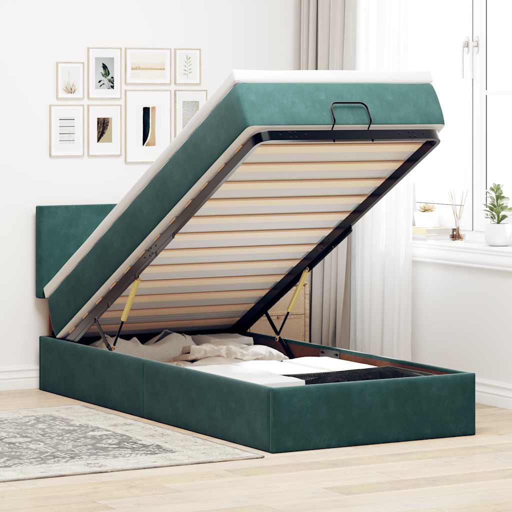Lit ottoman avec matelas et LED vert foncé 90x200 cm velours