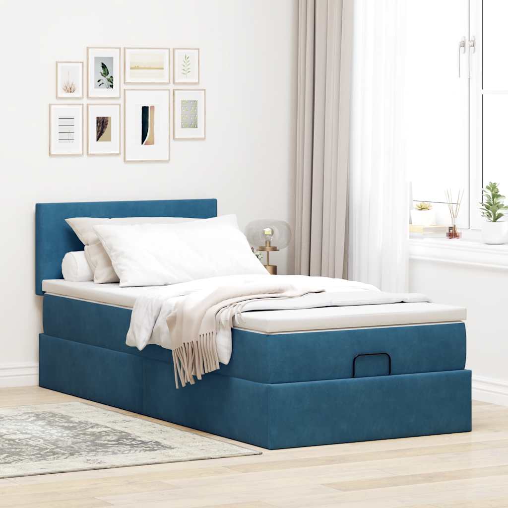 Lit ottoman avec matelas et LED bleu foncé 90x200 cm velours