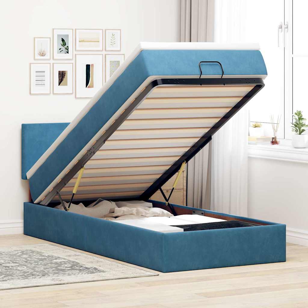 Lit ottoman avec matelas et LED bleu foncé 90x200 cm velours