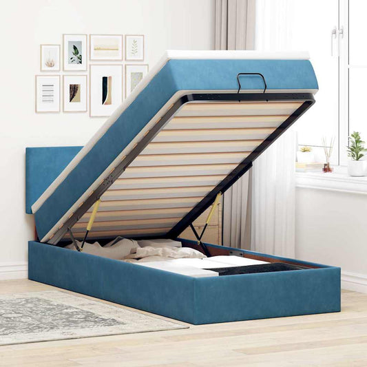 Lit ottoman avec matelas et LED bleu foncé 90x200 cm velours