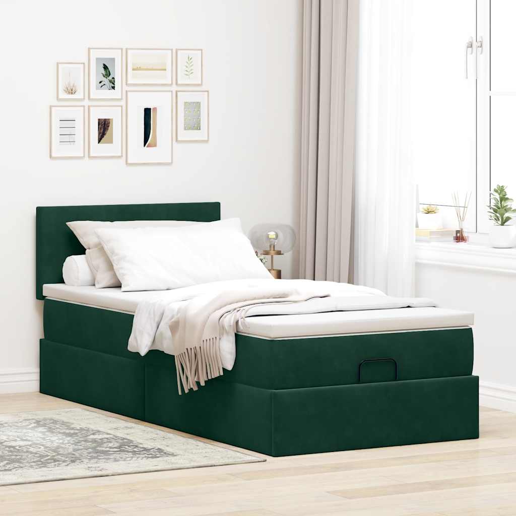 Ottoman-Bett mit Matratze & LEDs Dunkelgrün 100x200 cm Samt