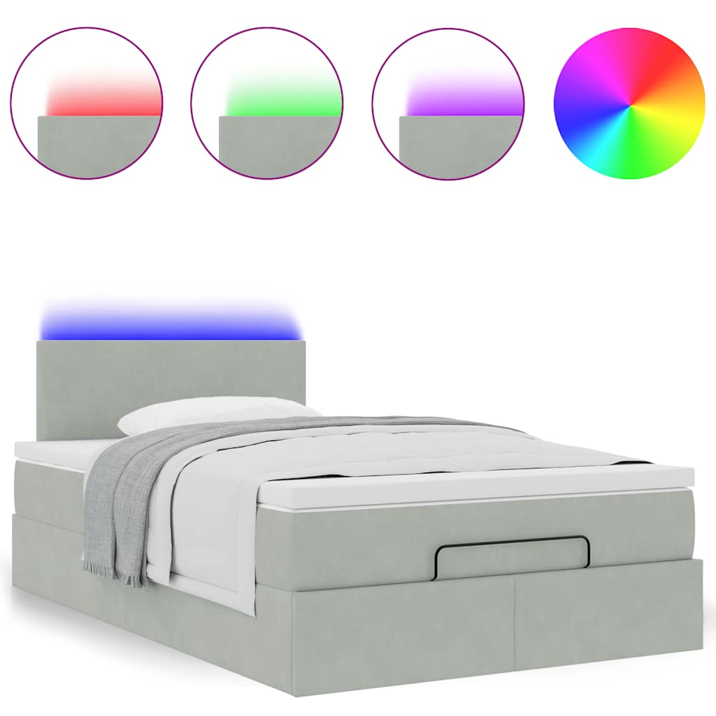 Ottomane Bett mit Matratze & LEDs Hellgrau 120x190 cm Samt