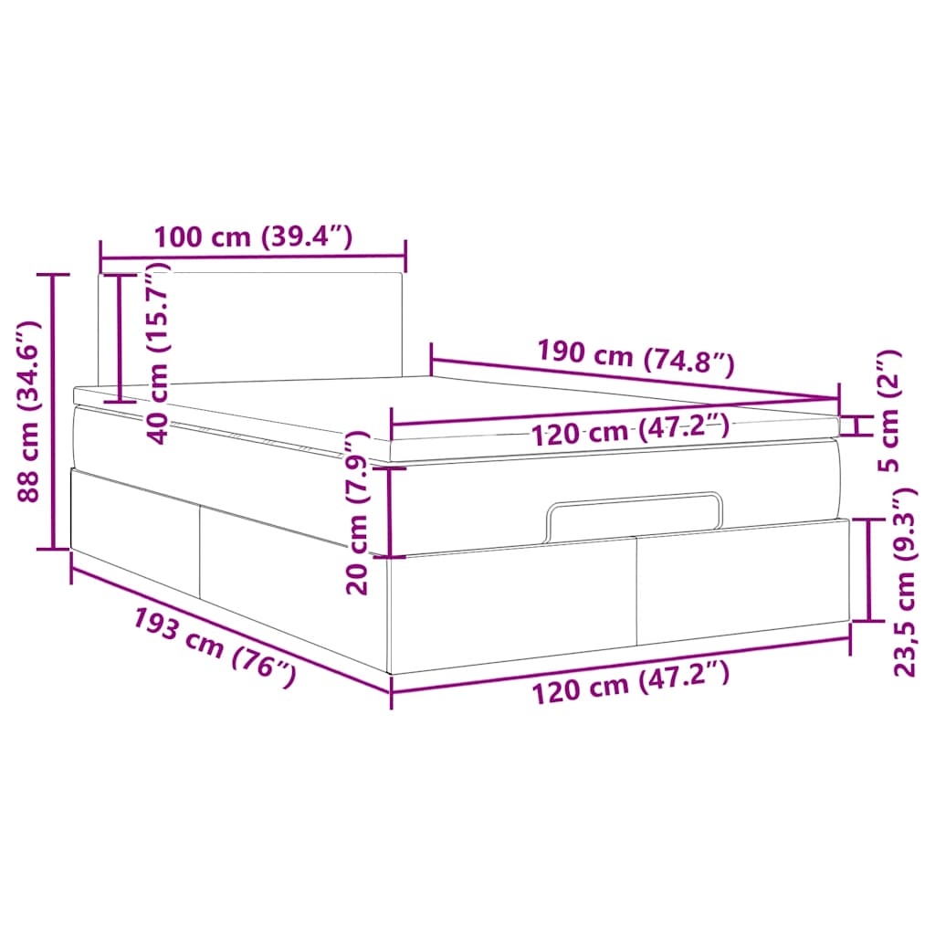 Ottomane Bett mit Matratze & LEDs Schwarz 120x190 cm Samt