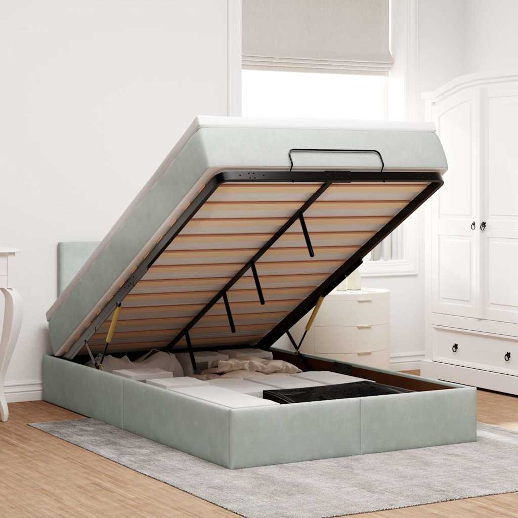 Ottoman-Bett mit Matratze & LEDs Hellgrau 120x200 cm Samt