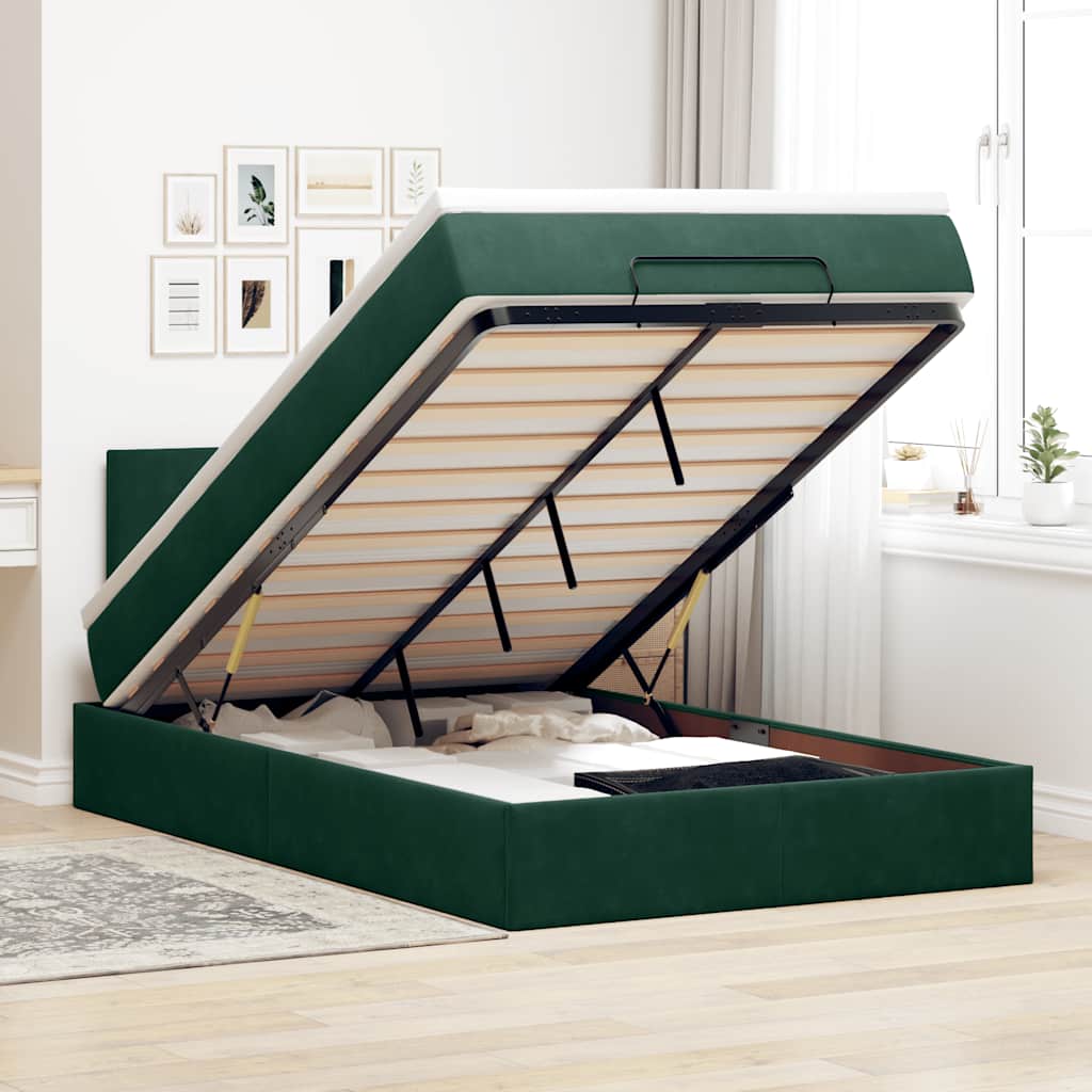 Ottoman-Bett mit Matratze & LEDs Dunkelgrün 120x200 cm Samt