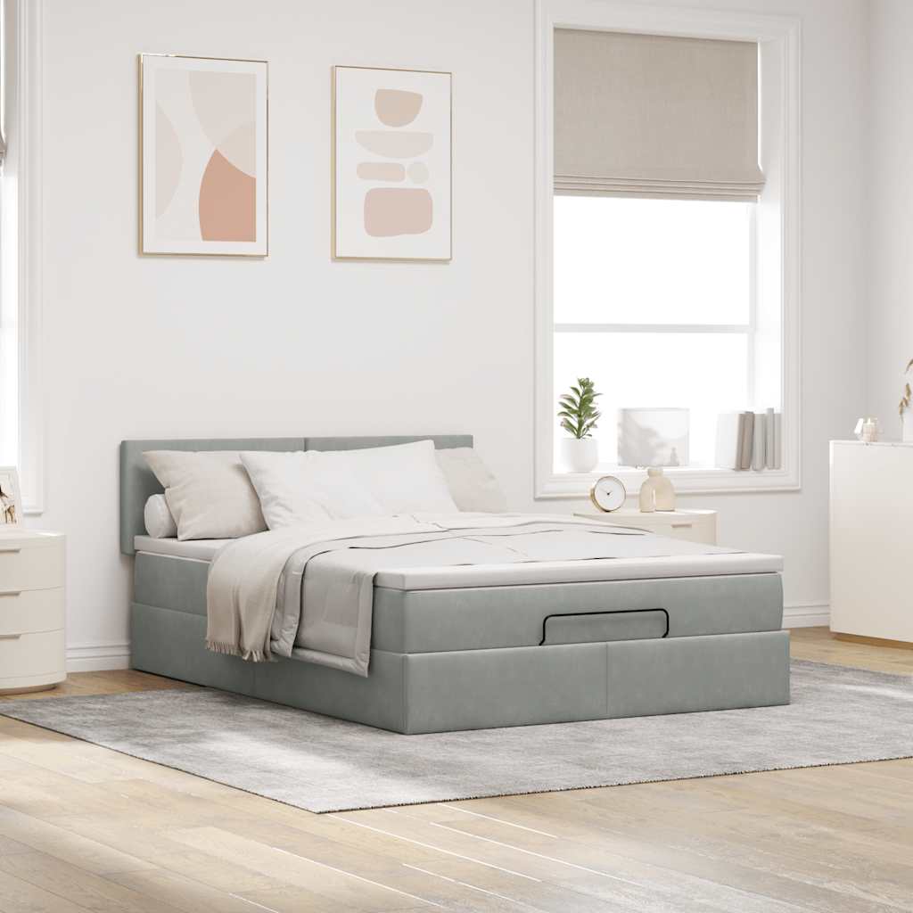 Ottoman-Bett mit Matratze & LEDs Hellgrau 140x200 cm Samt