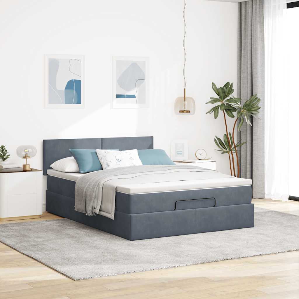 Lit ottoman avec matelas et LED gris foncé 140x200 cm velours