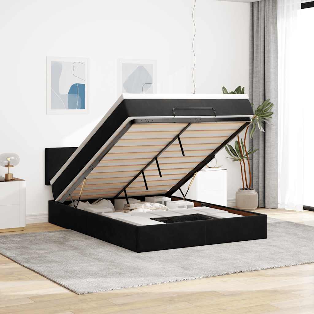 Ottoman-Bett mit Matratze & LEDs Schwarz 140x200 cm Samt