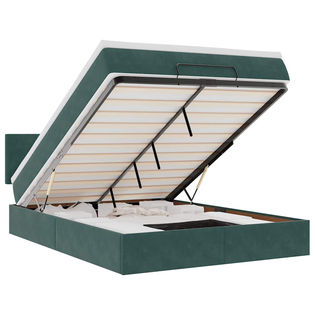Ottoman-Bett mit Matratze & LEDs Dunkelgrün 140x200 cm Samt