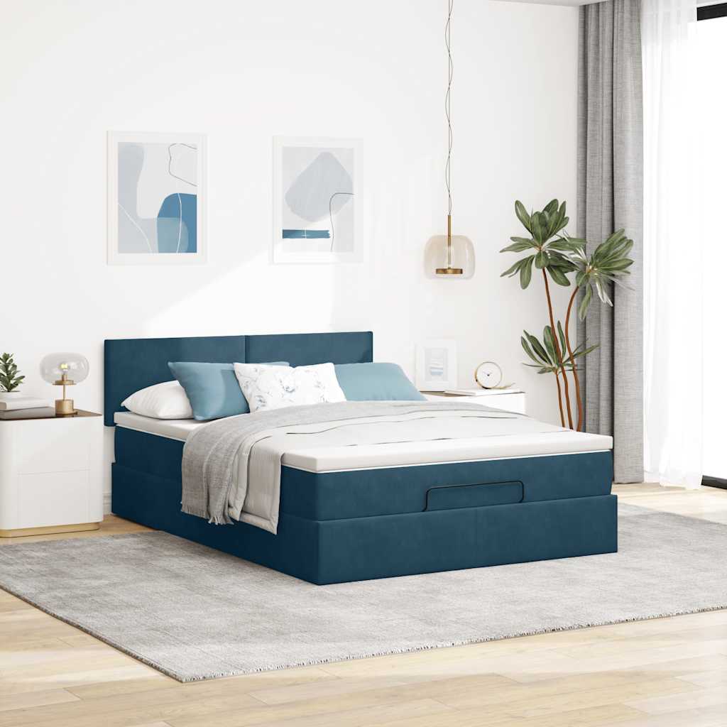 Ottoman-Bett mit Matratze & LEDs Dunkelblau 140x200 cm Samt