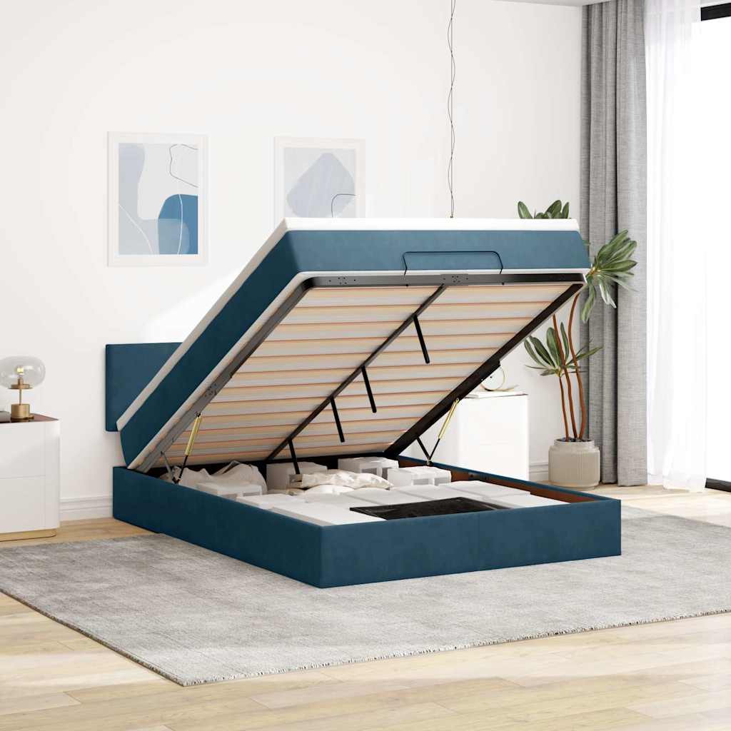 Ottoman-Bett mit Matratze & LEDs Dunkelblau 140x200 cm Samt