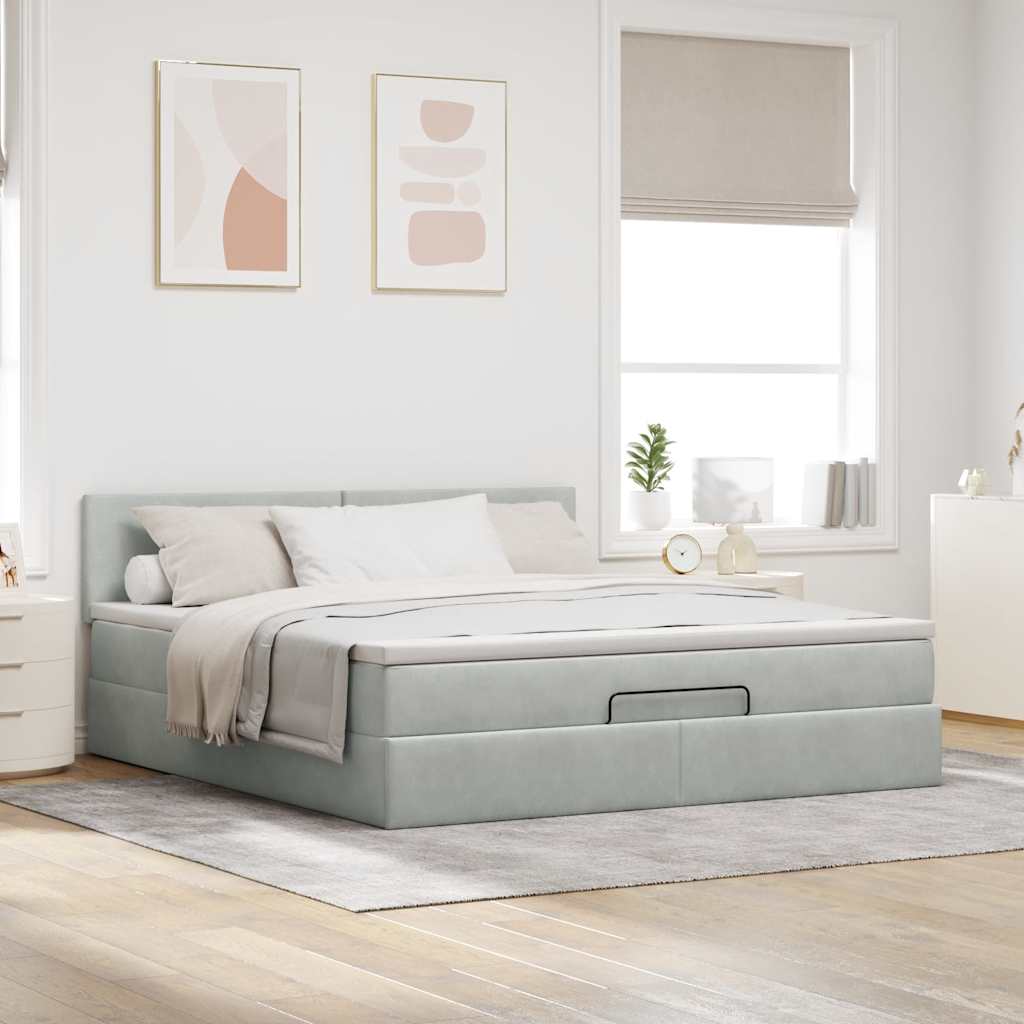 Ottoman-Bett mit Matratze & LEDs Hellgrau 180x200 cm Samt
