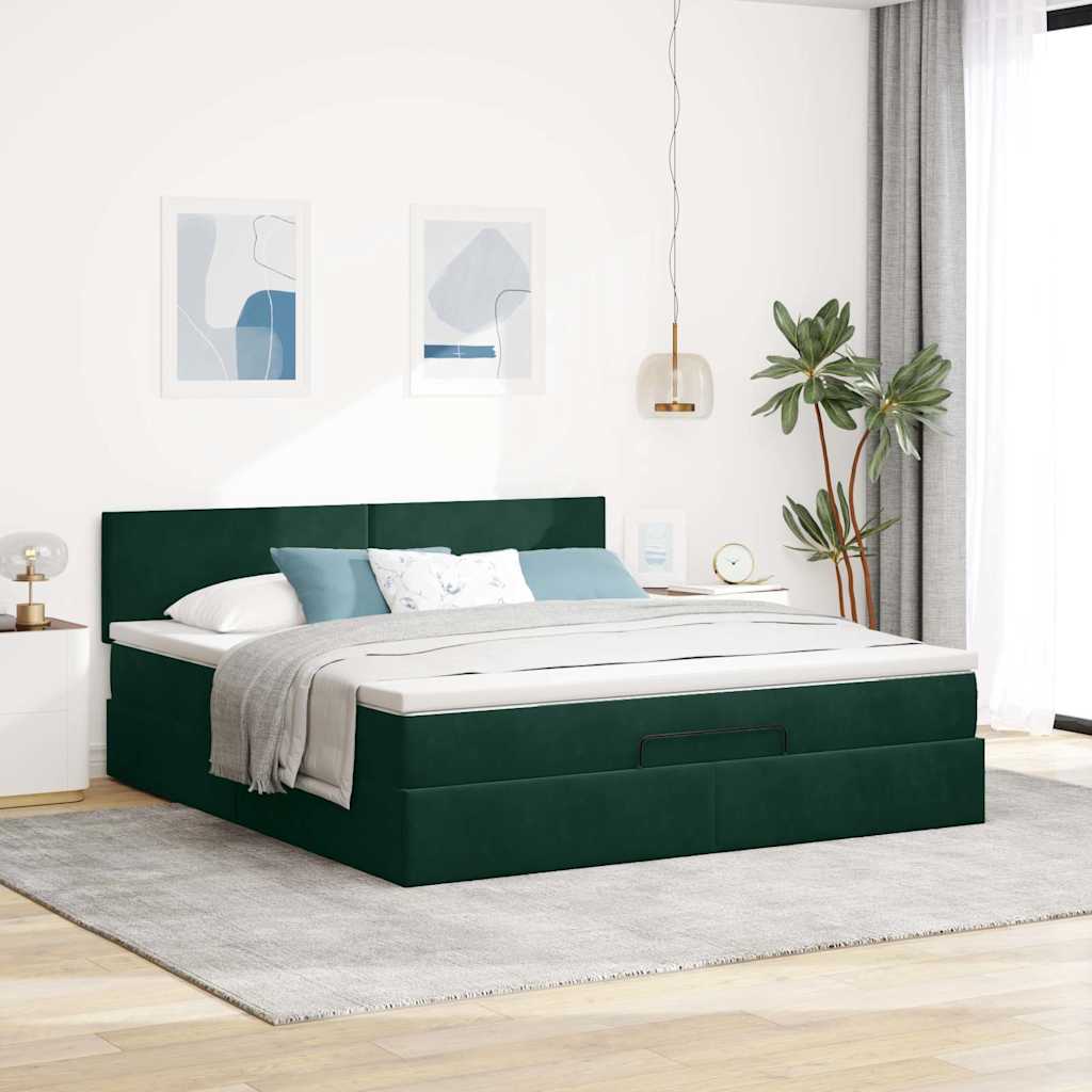 Ottoman-Bett mit Matratze & LEDs Dunkelgrün 180x200 cm Samt