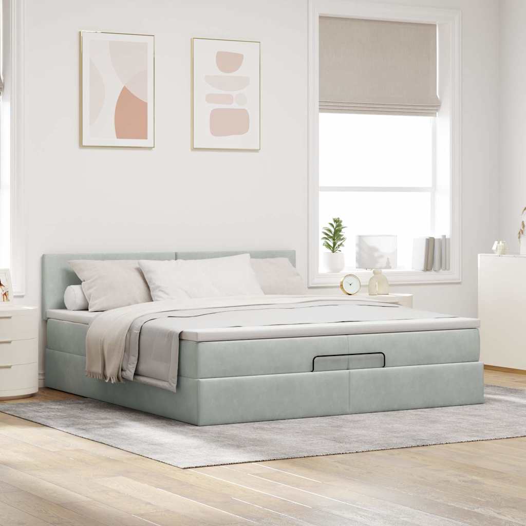Ottoman-Bett mit Matratzen & LEDs Hellgrau 200x200 cm Samt