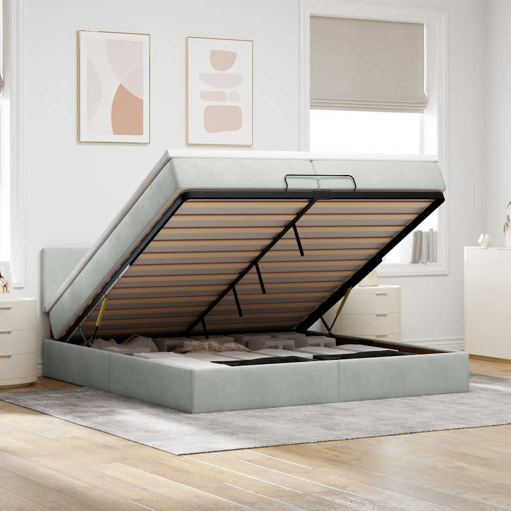Ottoman-Bett mit Matratzen & LEDs Hellgrau 200x200 cm Samt