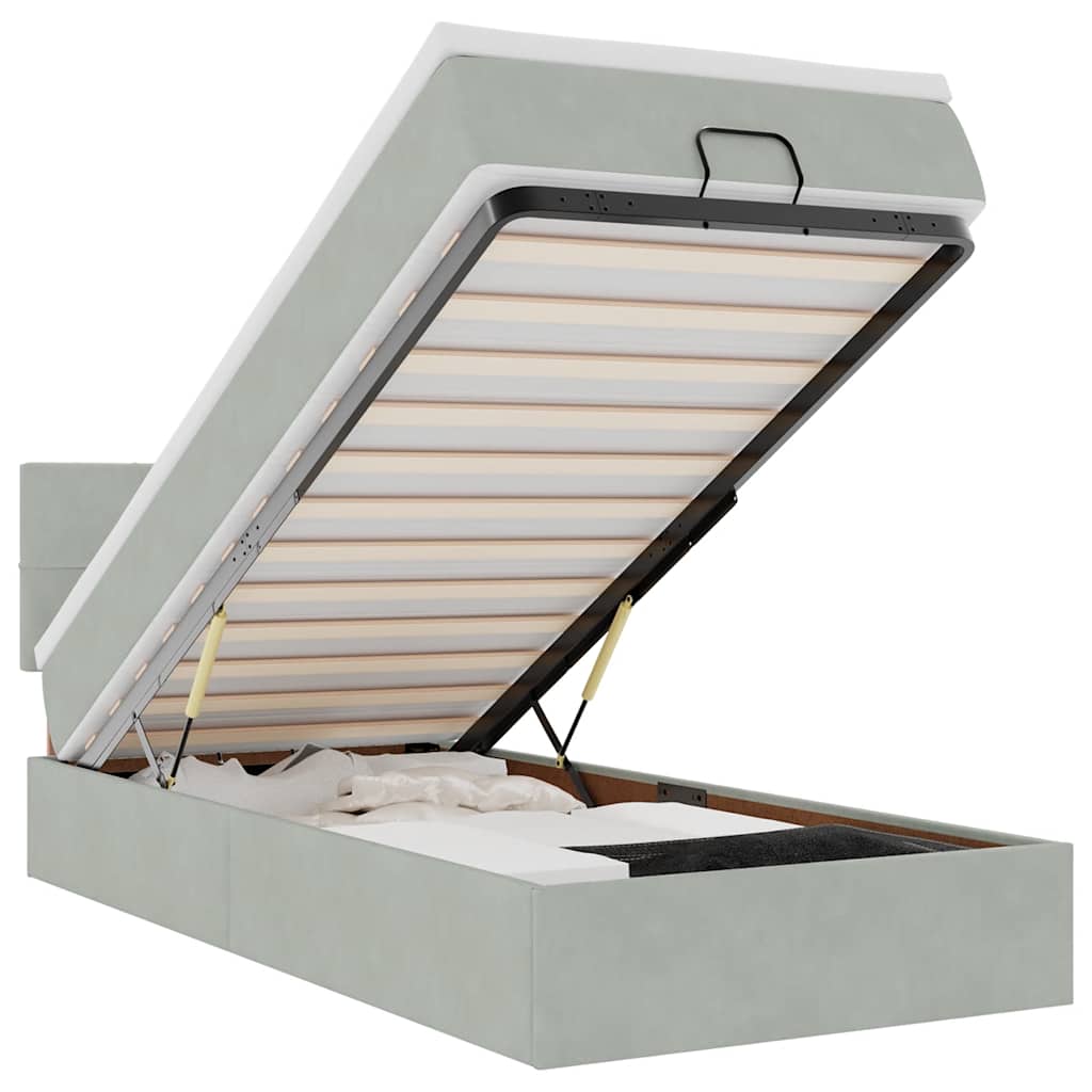 Lit ottoman avec matelas et LED gris clair 90x200 cm velours