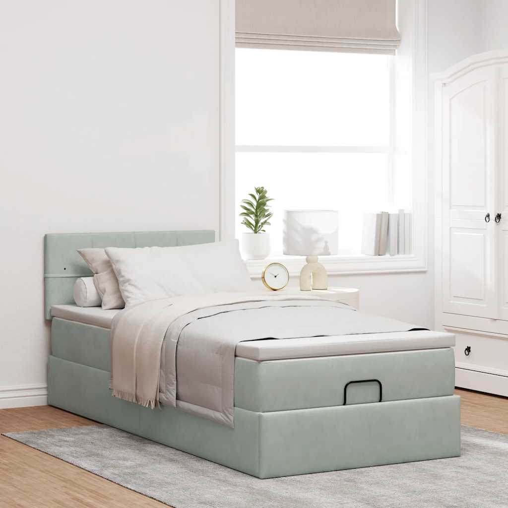 Ottoman-Bett mit Matratze & LEDs Hellgrau 90x200 cm Samt